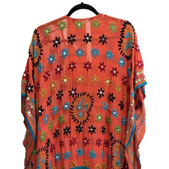 NWT Zara Embroidered Beaded Kaftan Dress M Boho Ethnic Viscose Colorful Maxi - Picture 10 of 13